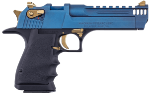Magnum Research DE50L5CBG Desert Eagle Mark XIX L5 50 AE 7+1 5″ Black Anodized Carbon Steel Barrel  Carbo Blue PVD Carbon Steel Serrated w/Picatinny Rail Slide  Black Anodized w/Gold Controls Aluminum Frame w/Beavertail  Black Hogue Rubber Grip