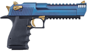 Magnum Research DE50L6CBG Desert Eagle Mark XIX L6 50 AE 7+1 6″ Black Anodized Carbon Steel Barrel  Carbo Blue PVD Carbon Steel Serrated w/Picatinny Rail Slide  Black Anodized w/Gold Controls Aluminum Frame w/Picatinny Rail  Hogue Finger Grooved Grip