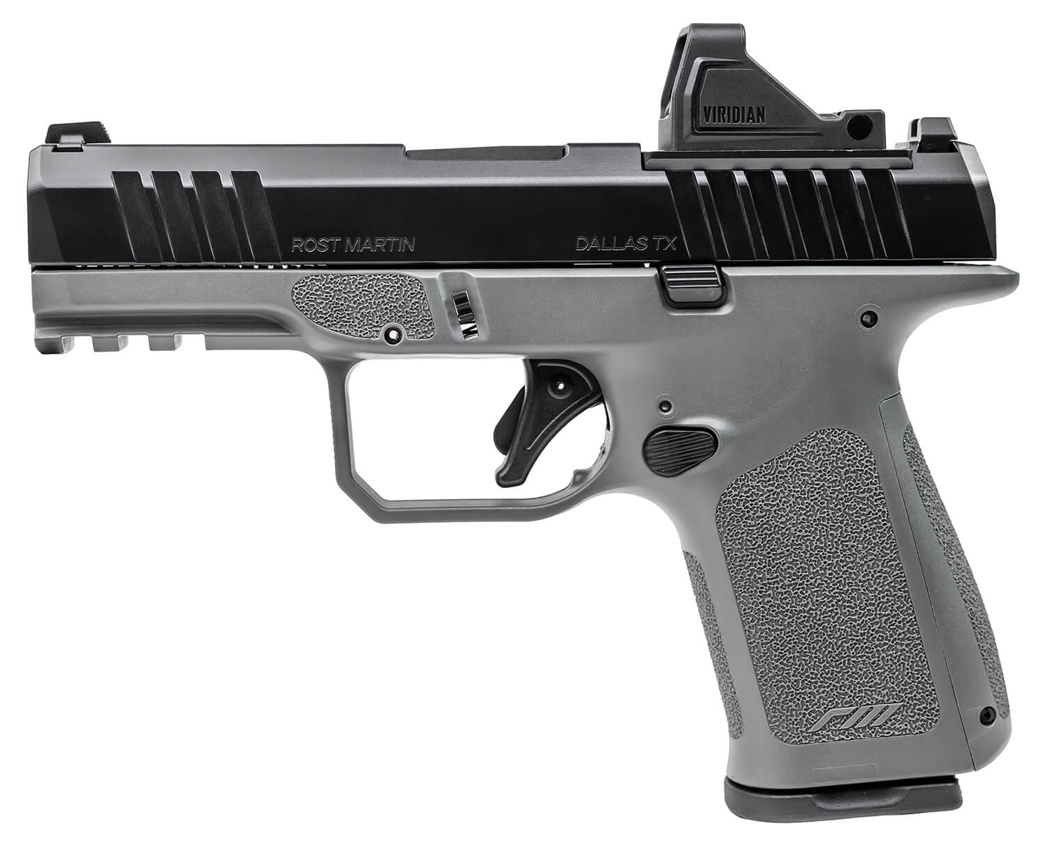 Rost Martin RM1CGRYOSP10CA-P RM1C Bundle *CA Compliant Compact 9mm Luger 10+1 4" Black Match Grade Barrel Black Nitron Steel Serrated w/Optic Slide Stone Gray Polymer Frame w/Picatinny Rail Textured Grip Viridian RFX-11 Green Dot Ambidextrous - Image 2