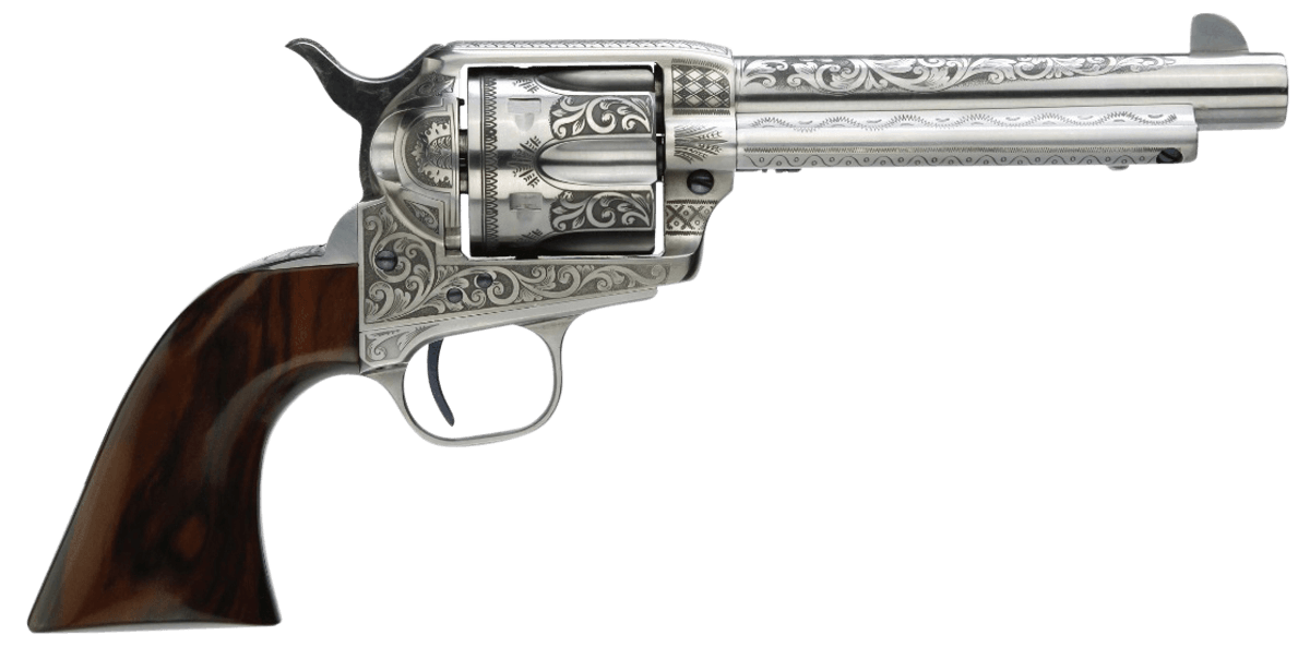 Taylors & Company 550898 1873 Cattleman 45 Colt (LC) Caliber with 5.50" Barrel 6rd Capacity Cylinder Overall White Photo Engraved Finish Steel & Walnut Grip