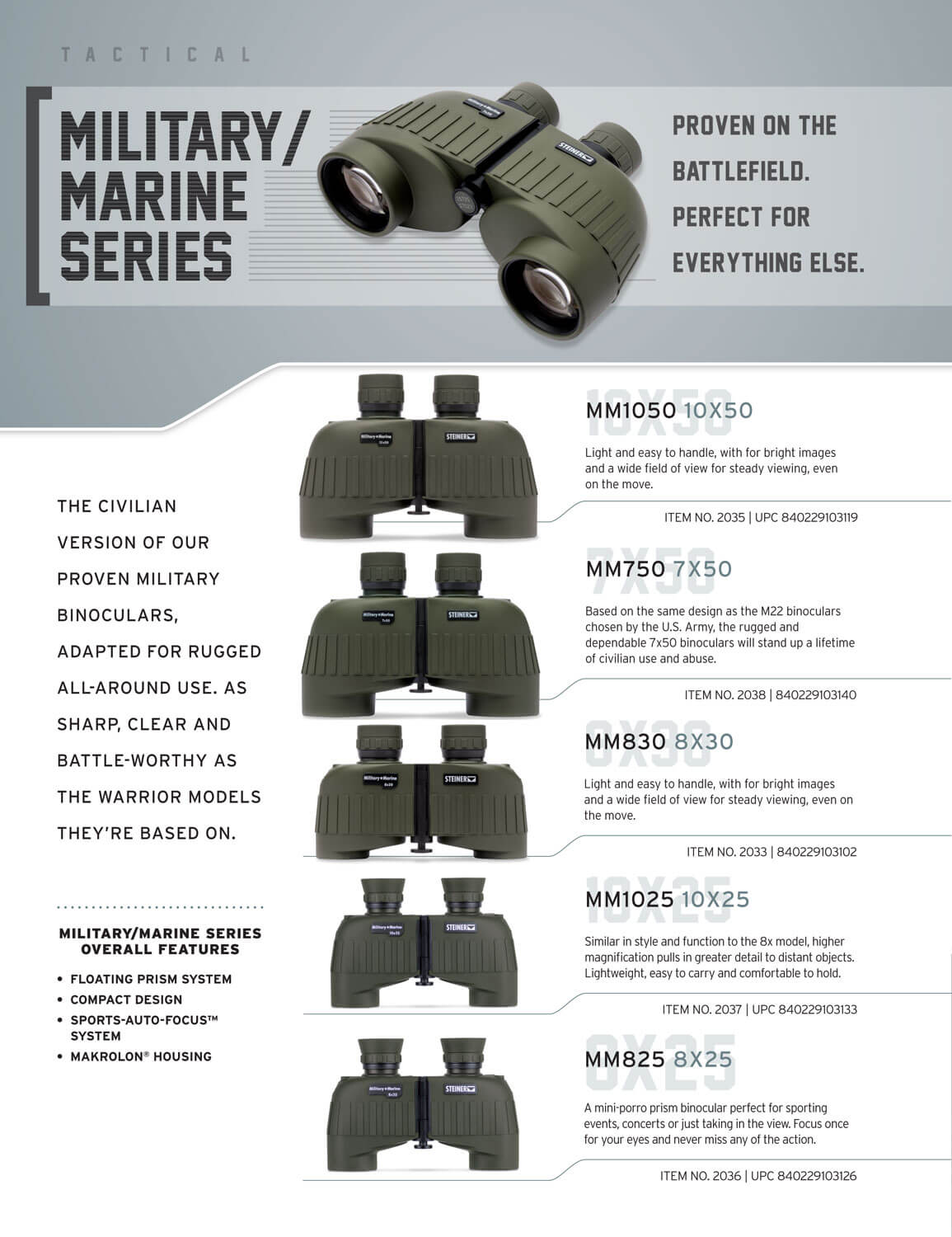 Steiner 2035 Military-Marine 10x50mm Porro Prism Sports-Auto Focus OD Green Makrolon w/Rubber Armor - Image 2