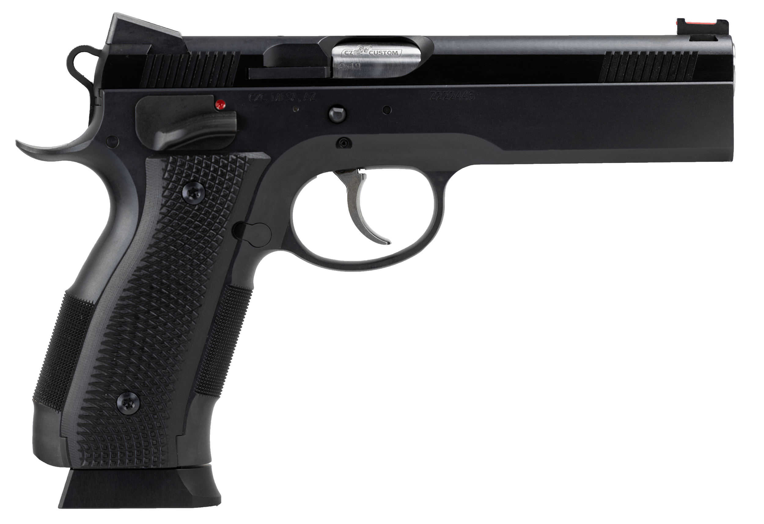 CZ-USA 91731 A01-LD Custom Full Size Frame 9mm Luger 19+1 4.93" Black Match Grade Bull Steel Barrel Blued Serrated Steel Slide & Frame w/Beavertail Black Checkered Grip Ambidextrous