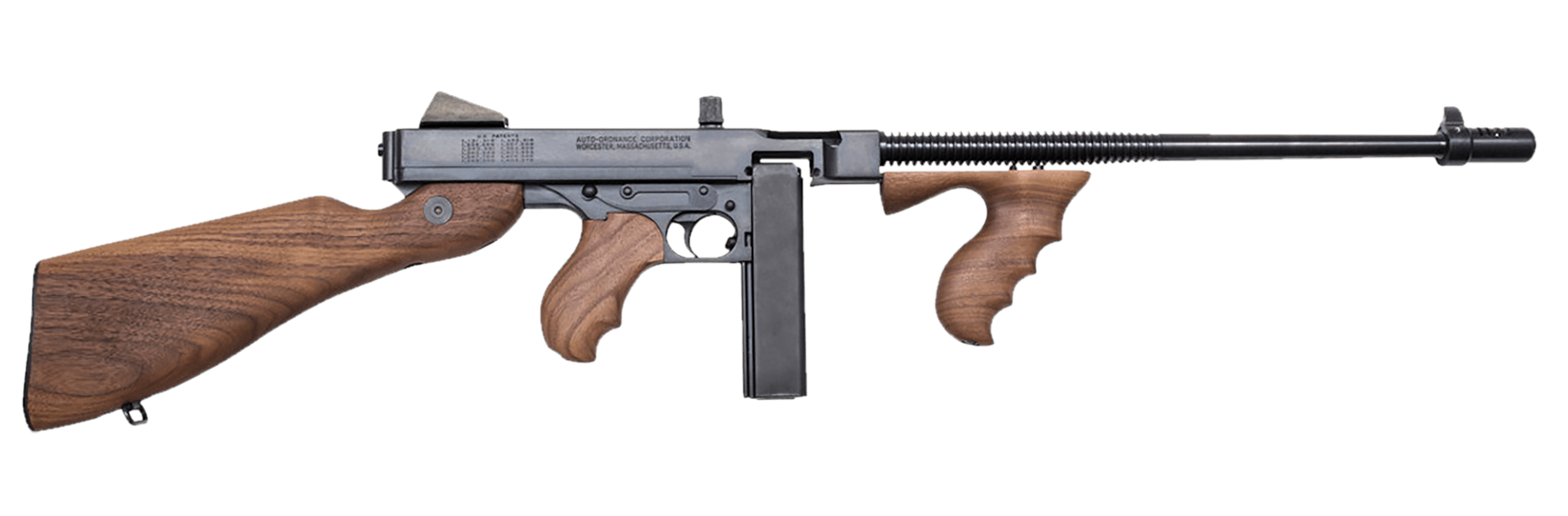 Thompson T5100D 1927A-1 45 ACP Caliber with 16.50" Barrel 20+1 Capacity (Stick) 100+1 Capacity (Drum) Blued Metal Finish American Walnut Stock Wood Grip Right Hand