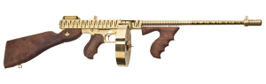 Thompson T150DTGTS 1927A-1 Deluxe 45 ACP Caliber with 16.50" Barrel  20+1 Capacity (Stick)  50+1 Capacity (Drum)  Gold w/Tiger Stripe Metal Finish  American Walnut Stock Wood Grip Right Hand