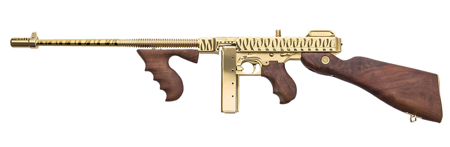 Thompson T150DTGTS 1927A-1 Deluxe 45 ACP Caliber with 16.50" Barrel 20+1 Capacity (Stick) 50+1 Capacity (Drum) Gold w/Tiger Stripe Metal Finish American Walnut Stock Wood Grip Right Hand - Image 2