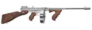 Thompson T150DCRTS 1927A-1 Deluxe 45 ACP Caliber with 16.50" Barrel 20+1 Capacity (Stick) 50+1 Capacity (Drum) Hard-Chrome w/Tiger Stripe Metal Finish American Walnut Stock Wood Grip Right Hand
