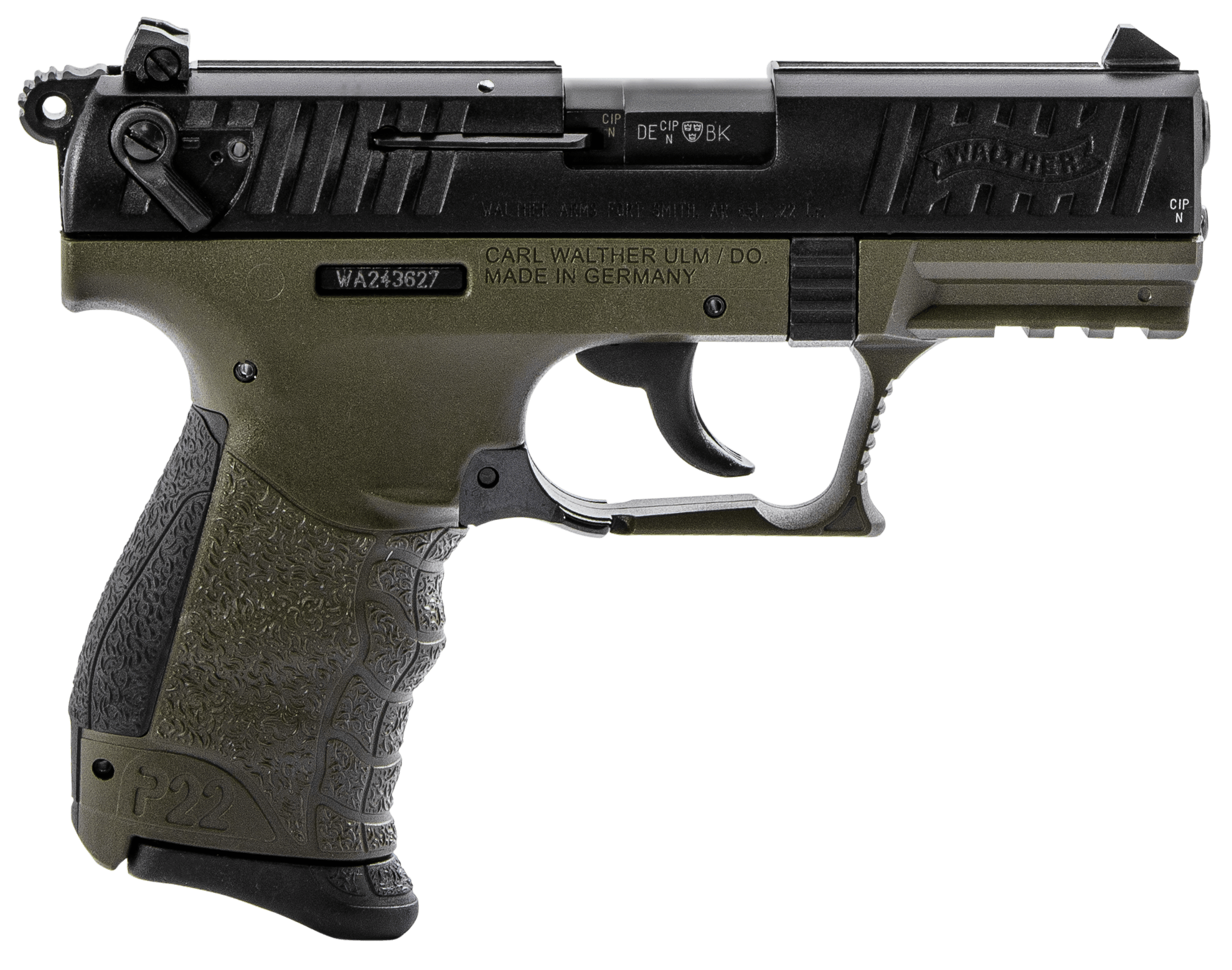 Walther Arms 5120715 P22Q Military 22 LR 10+1 3.42" Black Steel Threaded Barrel Matte Black Tenifer Serrated Slide OD Green Polymer Frame w/Picatinny Rail Black w/Interchangeable Backstrap Grip Bobbed Hammer Manual Thumb Safety Ambidextrous