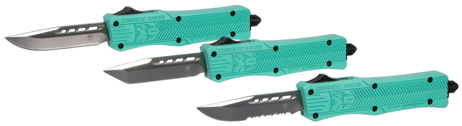 CobraTec Knives STFCTK1SDS CTK-1 Small 2.75" OTF Drop Point Part Serrated D2 Steel Blade/ Tiffany Blue Aluminum Handle Features Glass Breaker Includes Pocket Clip - Image 4