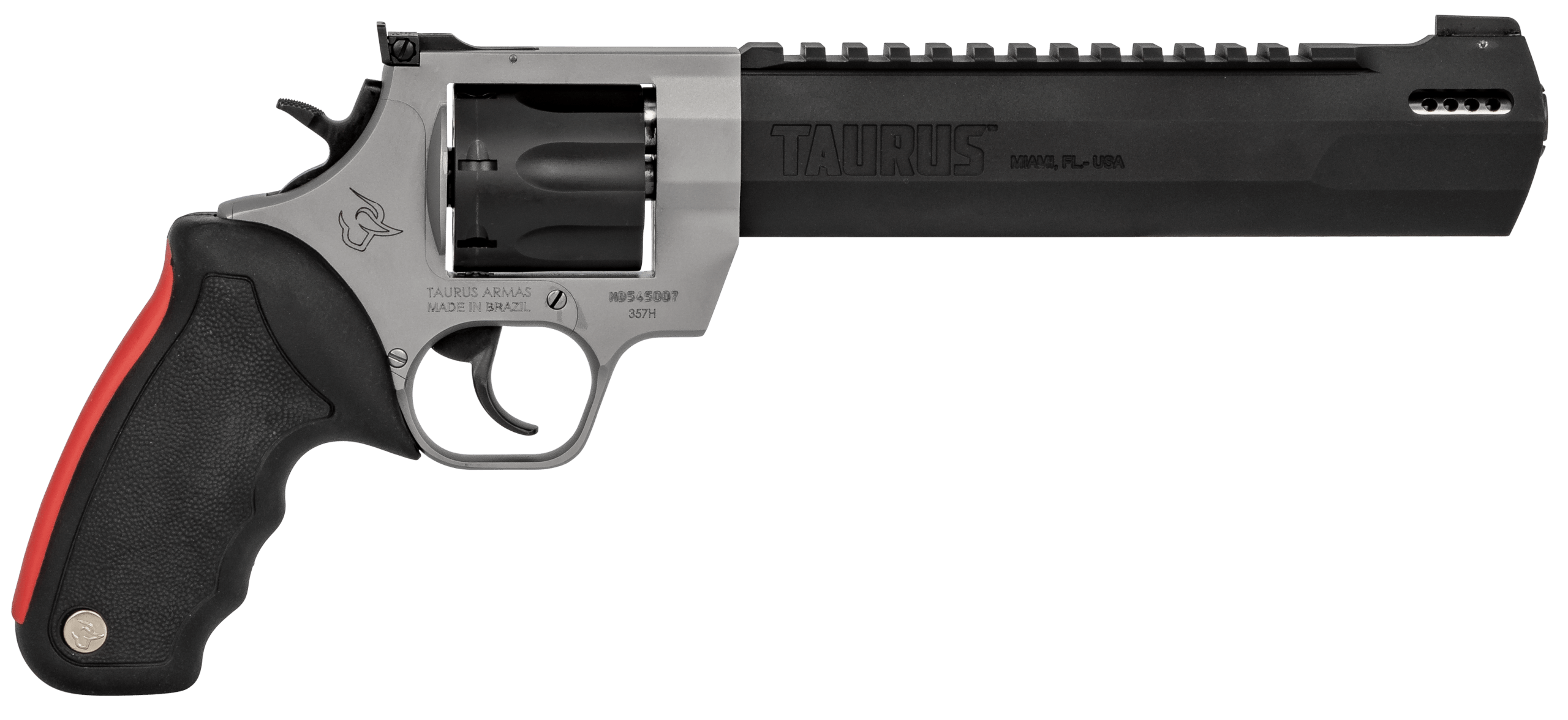 Taurus 2357085RH Raging Hunter 38 Special +P or 357 Mag Caliber with 8.38" Picatinny Rail/Ported Barrel 7rd Capacity Matte Black Oxide Finish Cylinder Matte Finish Stainless Steel Frame & Black Rubber with Integrated Red Cushion Insert Grip