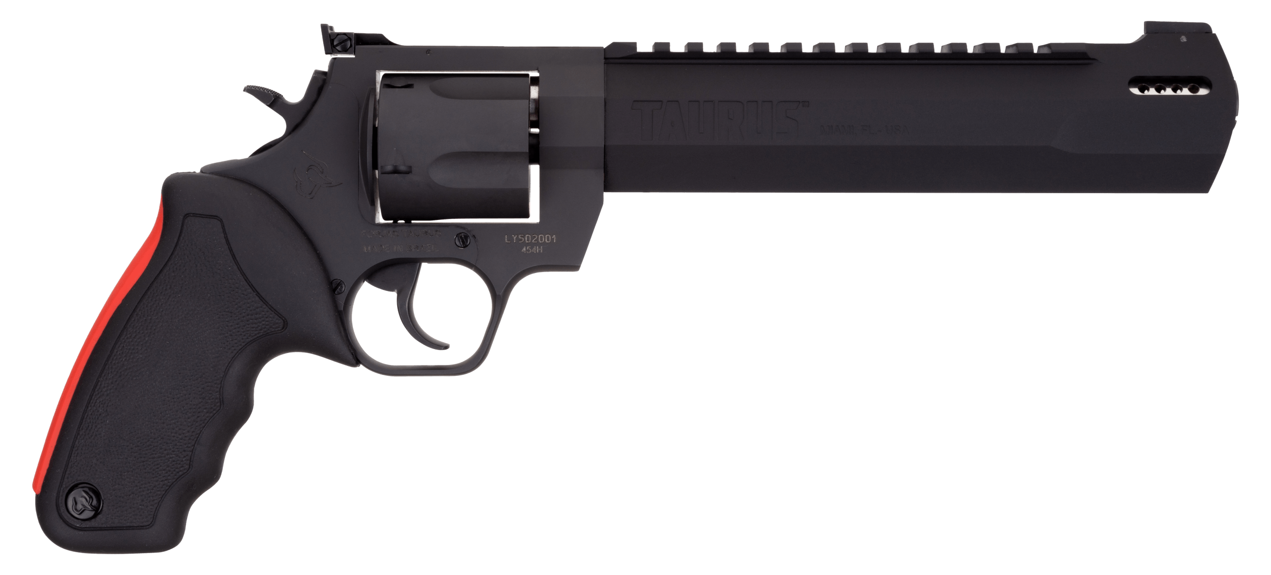 Taurus 2454081RH Raging Hunter 454 Casull Caliber with 8.37" Picatinny Rail/Ported Barrel 5rd Capacity Matte Black Oxide Finish Cylinder Matte Black Oxide Finish Steel Frame & Black Rubber with Integrated Red Cushion Insert Grip