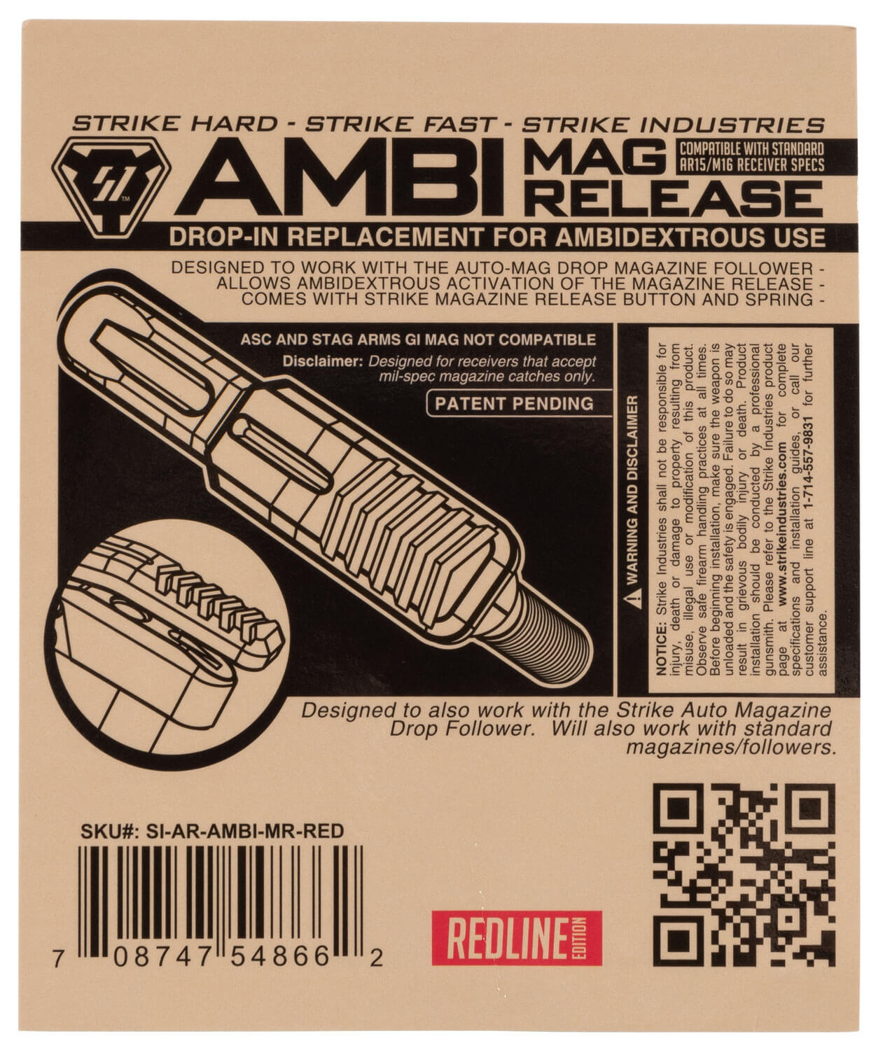 Strike ARAMBIMRRED Ambidextrous Magazine Release AR-15 M16 Mil-Spec Red Aluminum - Image 2