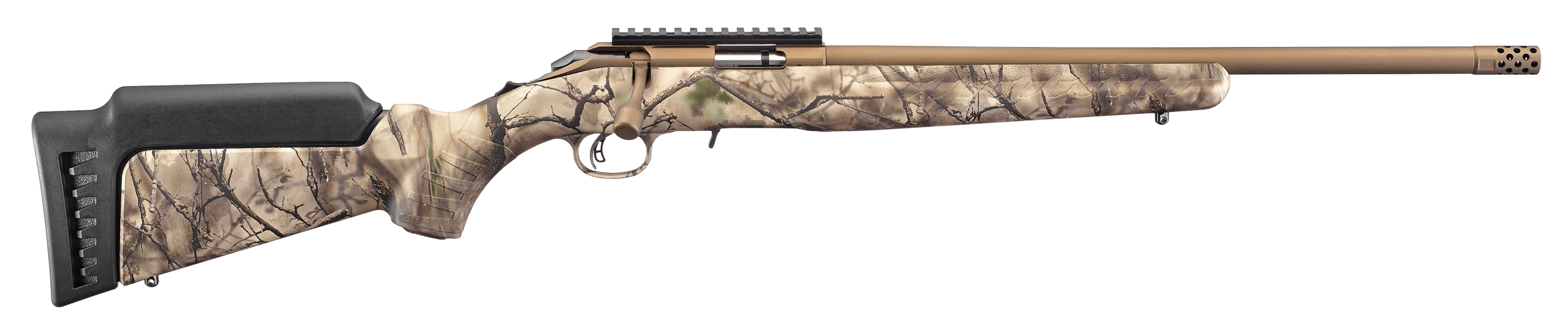 Ruger 8372 American Rimfire Full Size 22 LR 9+1 18" Bronze Cerakote Threaded Barrel Bronze Cerakote Picatinny Rail Steel Receiver GoWild Camo I-M Brush Synthetic Fixed Stock Right Hand