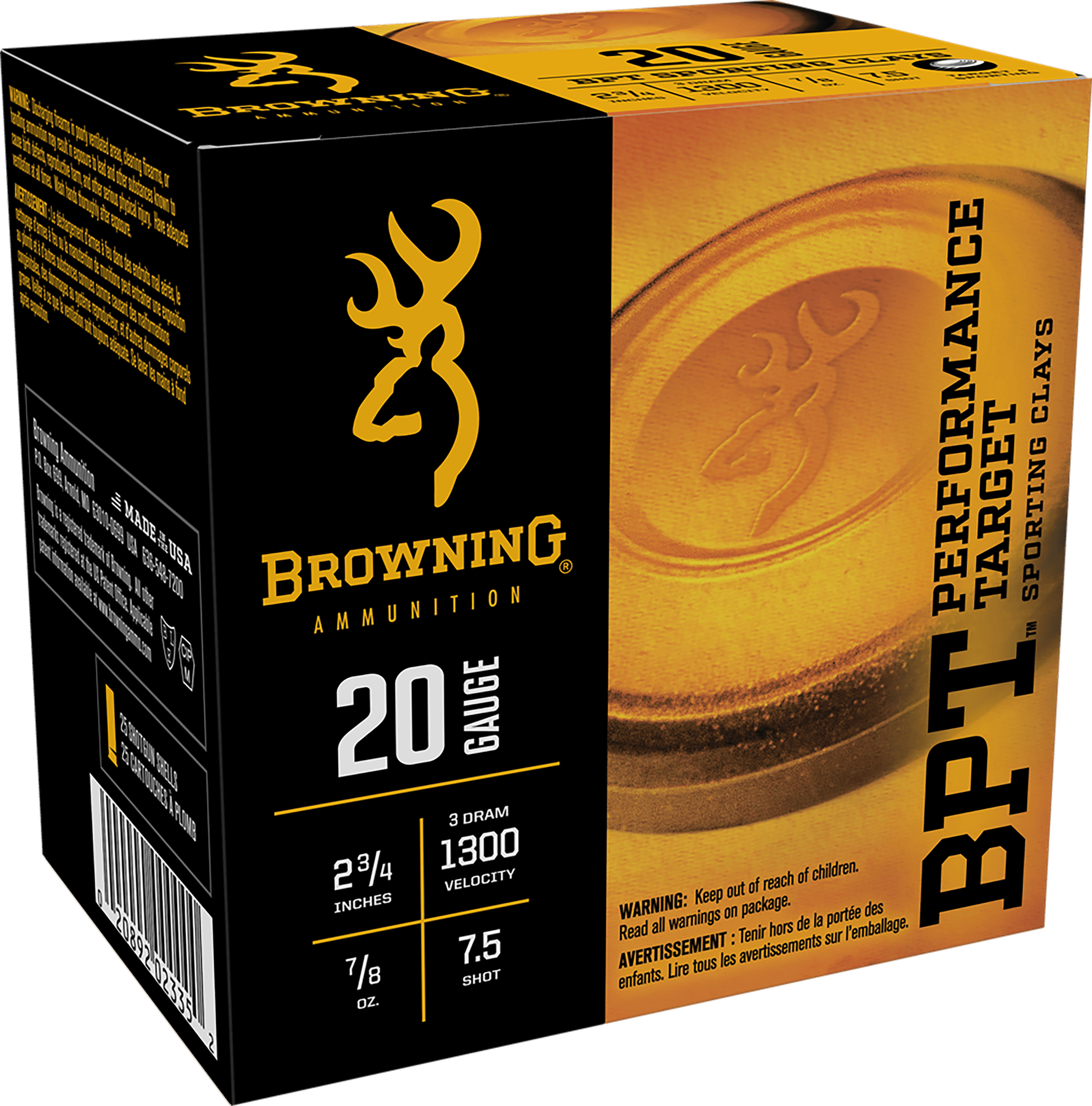 Browning Ammo B193632027 BPT Performance Target Sporting Clay 20Gauge 2.75" 7/8oz 7.5Shot 25rd Box