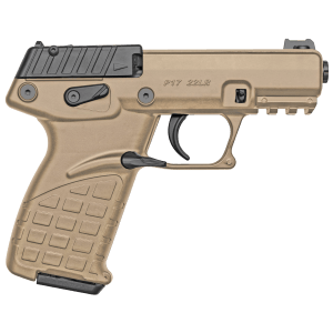 Kel-Tec P17TAN P17  Compact Frame 22 LR 16+1  3.80" Black Steel Threaded Barrel  Tan Serrated Slide  Tan w/Black Controls Polymer Frame w/Picatinny Rail  Tan GRN Grip  Lever Safety  Ambidextrous