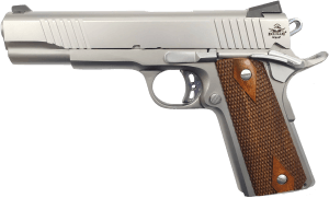 Rock Island 51414 Rock Standard FS *CA Compliant 45 ACP Caliber with 5" Barrel 8+1 Capacity Overall Matte Stainless Steel Finish Beavertail Frame Serrated Slide & Double Checkered Wood Grip