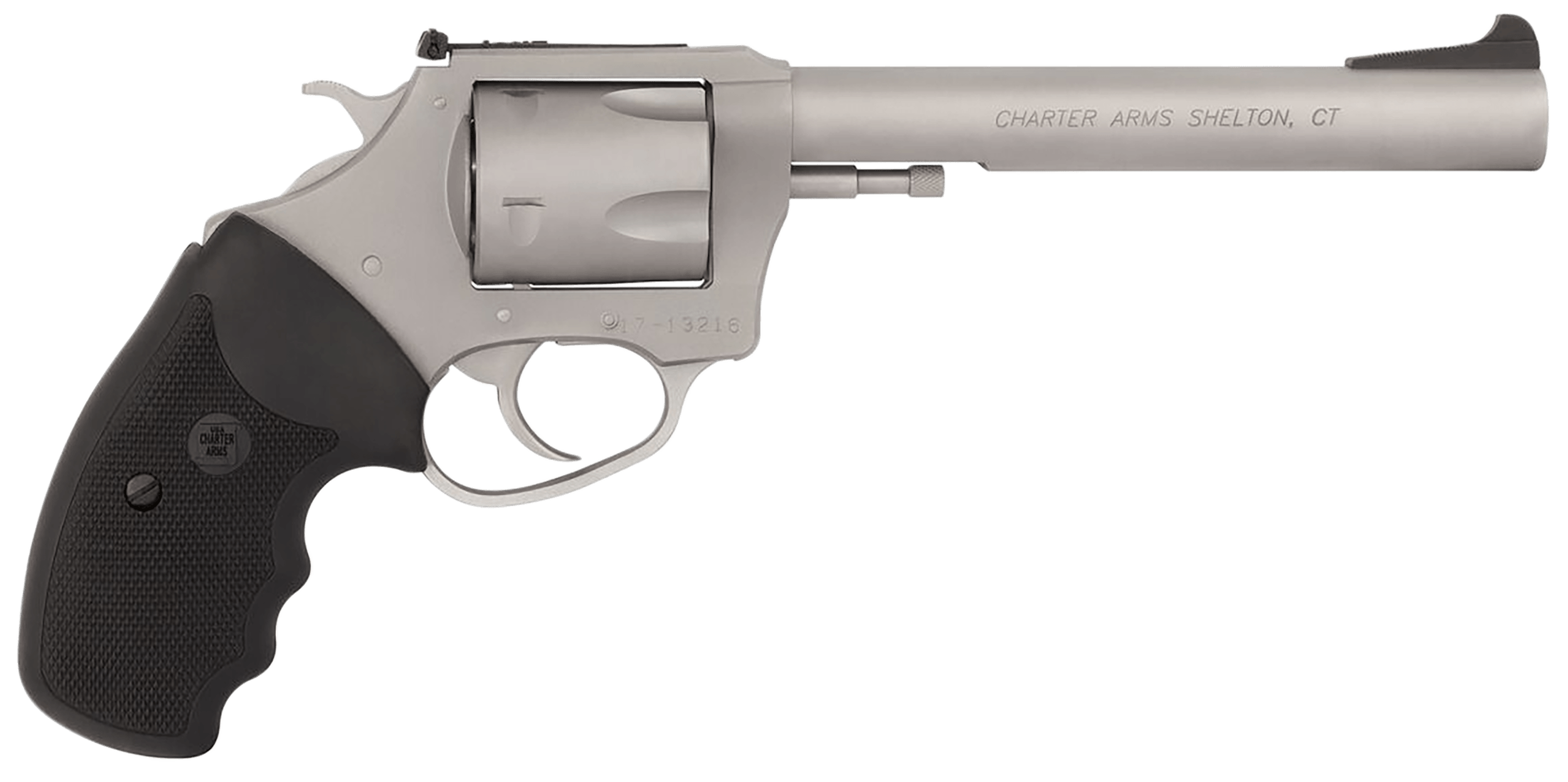 Charter Arms 79960 Pitbull Large 9mm Luger 5 Shot 6 Matte Stainless Steel Barrel Cylinder & Frame w/Black Finger Grooved Rubber Grip"