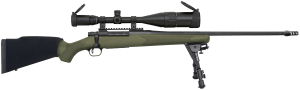 Mossberg 28122 Patriot Night Train 300 Win Mag 3+1 24" Threaded/Fluted Barrel w/Muzzle Brake Matte Blued Metal Picatinny Rail Drop Box Magazine OD Green Synthetic Stock w/Adjustable Bipod Includes 6-24x50mm Scope