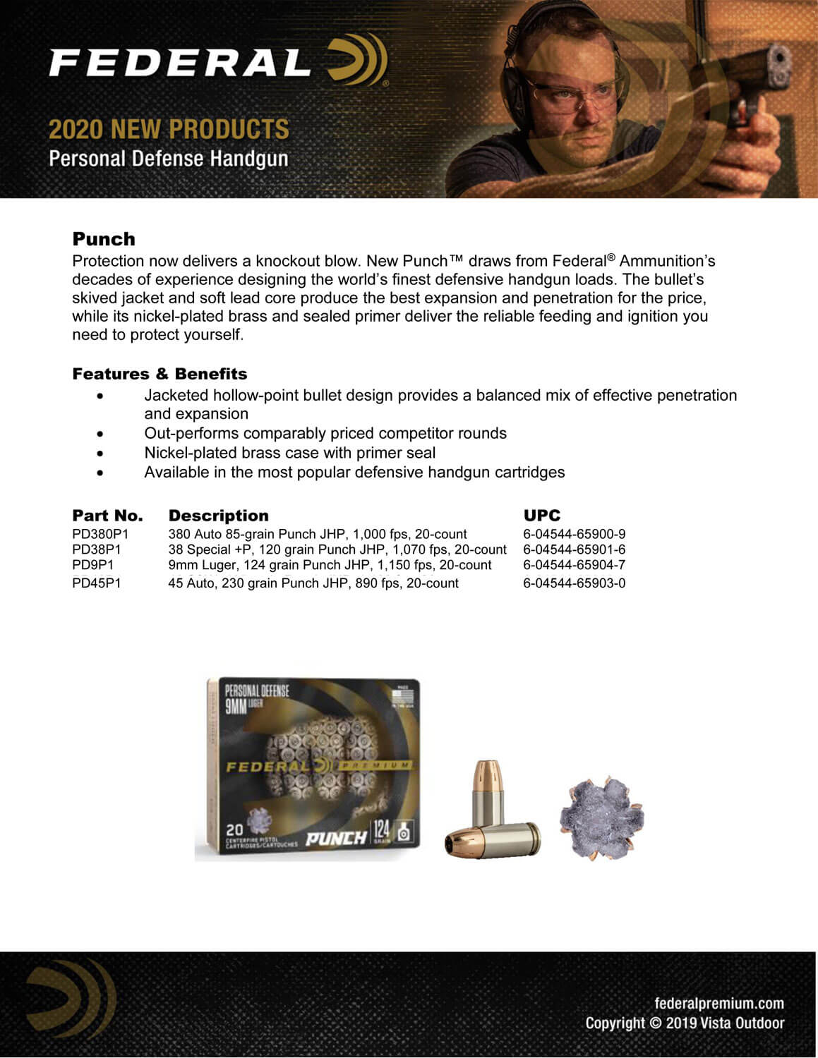 Federal PD9P1 Punch Personal Defense 9mmLuger 124gr Jacketed Hollow Point 20rd Box - Image 2