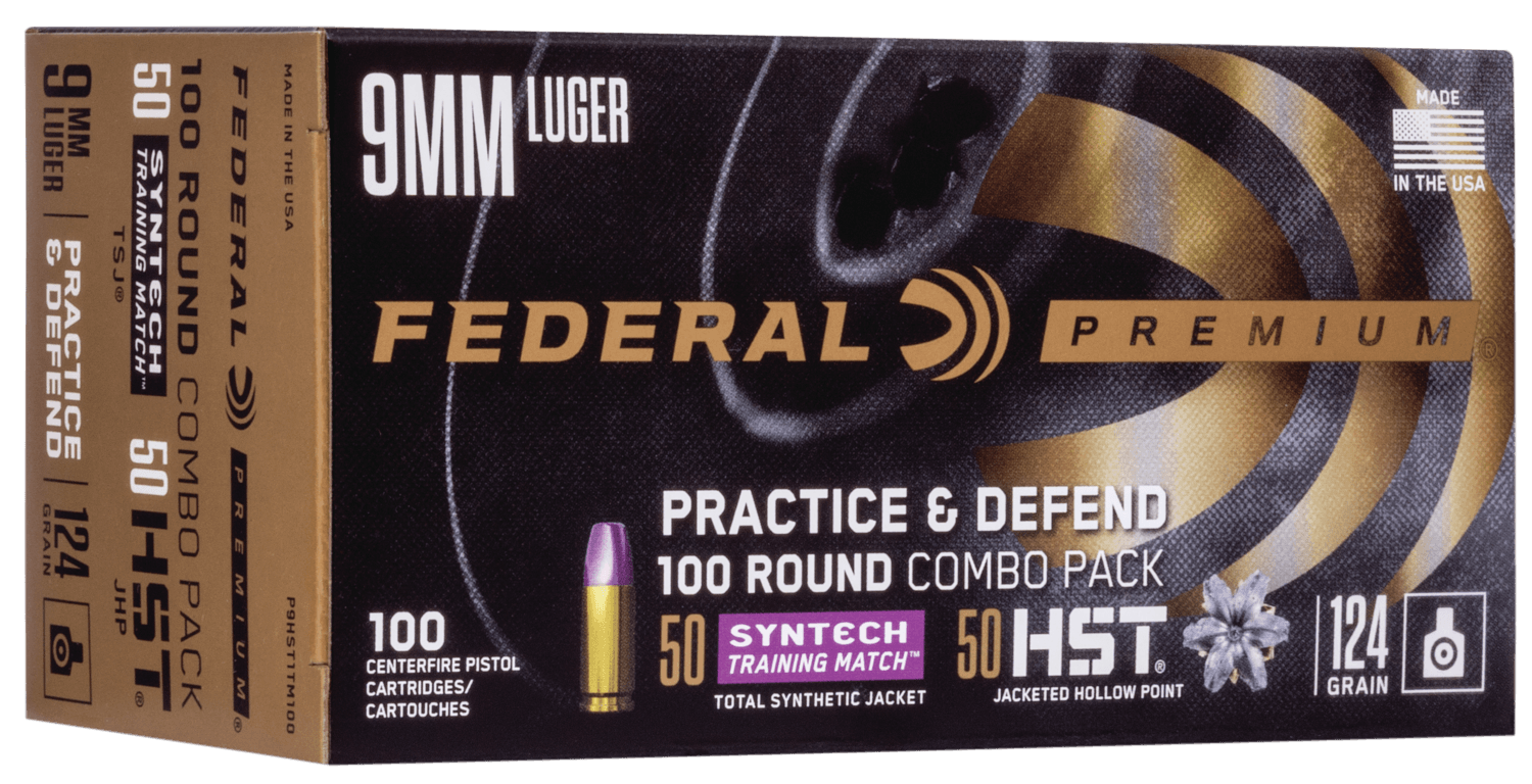 Federal P9HST1TM100 Premium Practice & Defend 9mm Luger 124 gr HST JHP Syntech TSJ 100rd Box