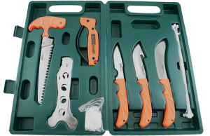 AccuSharp 728C Game Processing Kit Butcher/Caper/Gut-Hook/Bone Saw/Ribcage Spreader Gut Hook/Saw/Plain Stainless Steel Blade Orange FRN Handle