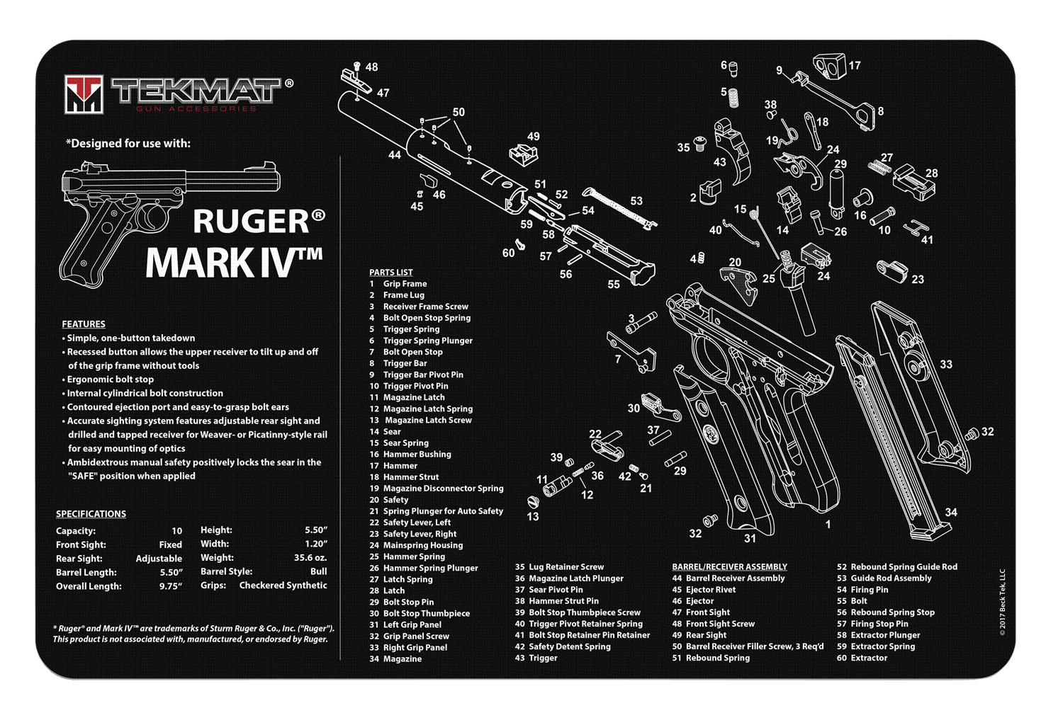 TekMat TEKR17RUGERMK4 Ruger Mark IV Cleaning Mat Ruger Mark IV Parts Diagram 11" x 17"