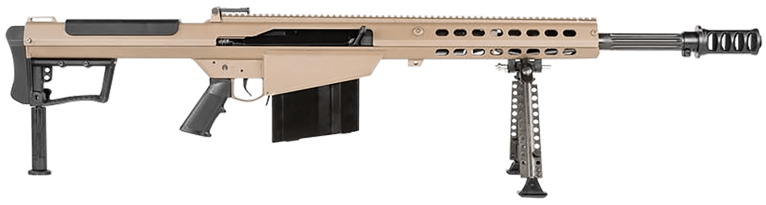 Barrett 18066 M107A1 50 BMG 10+1 20" Chrome-Lined Fluted Barrel Four Port Cylindrical Muzzle Brake Flat Dark Earth Cerakote Aluminum Receiver Flat Dark Earth Fixed Stock w/Thermal-Guard Cheek Piece & Sorbothane Recoil Pad Optics Ready