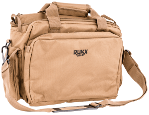 Rukx Gear ATICTRBT Tactical Range Bag  Water Resistant Tan 600D Polyester with Hidden Handgun Pocket  Mag & Ammo Storage  Non-Rust Zippers & Carry Handle 16" x 7.50" x 10.50" Interior Dimensions
