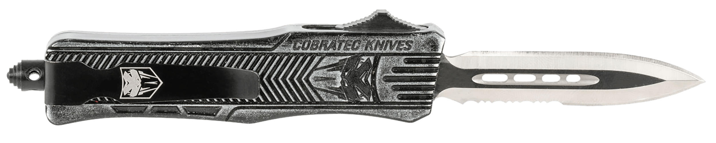 CobraTec Knives SSWCTK1SDAG1SS CTK-1 Small 2.75" OTF Dagger Part Serrated D2 Steel Blade/ Stonewashed Aluminum Handle Features Glass Breaker Includes Pocket Clip