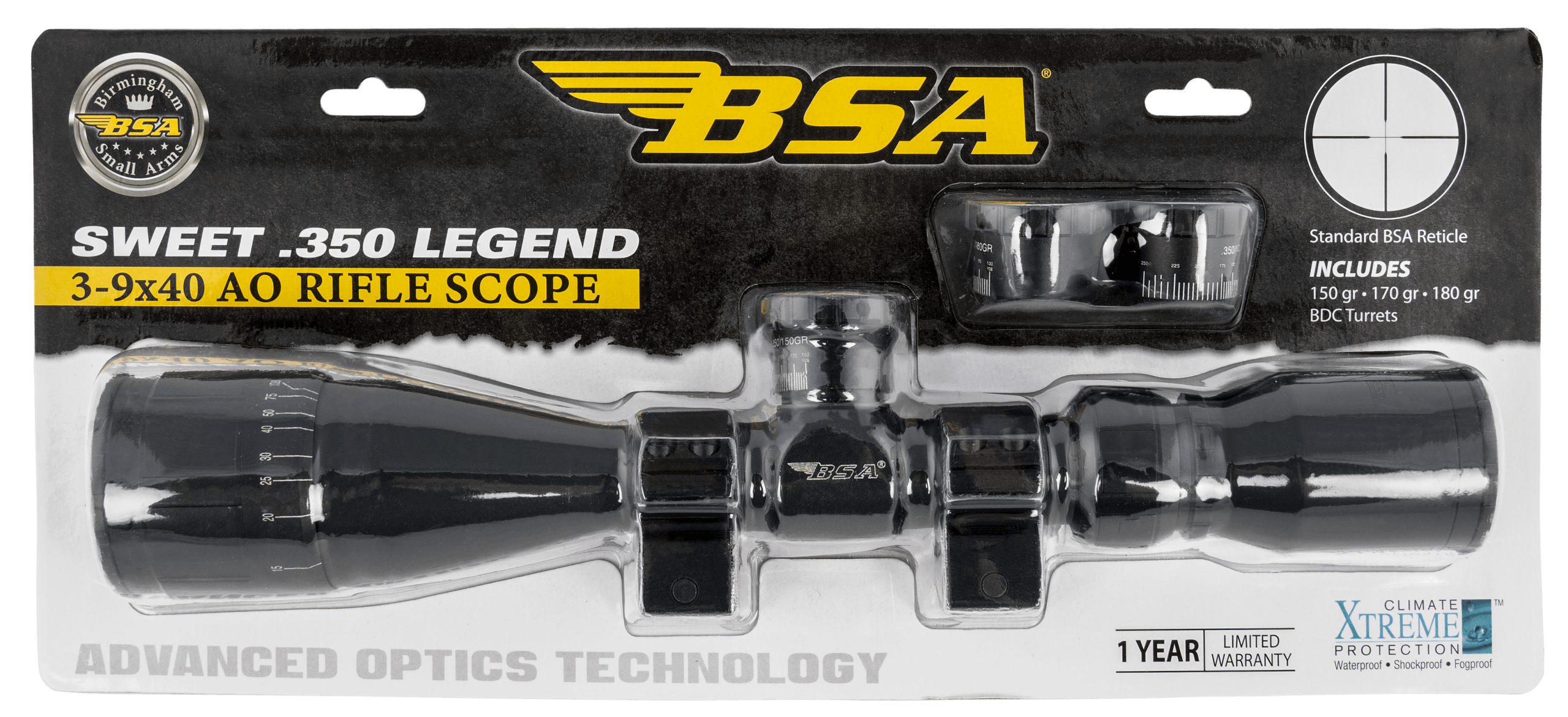 BSA 35039X40AOWRTB Sweet 350 Legend Black Matte 3-9x40mm AO 1" Tube 30/30 Reticle Features Weaver Rings