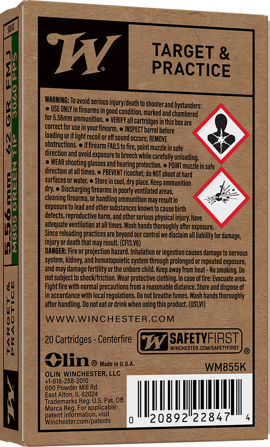 Winchester Ammo WM855K USA M855 Green Tip 5.56x45mm NATO 62 gr Full Metal Jacket Lead Core 20rd Box - Image 2