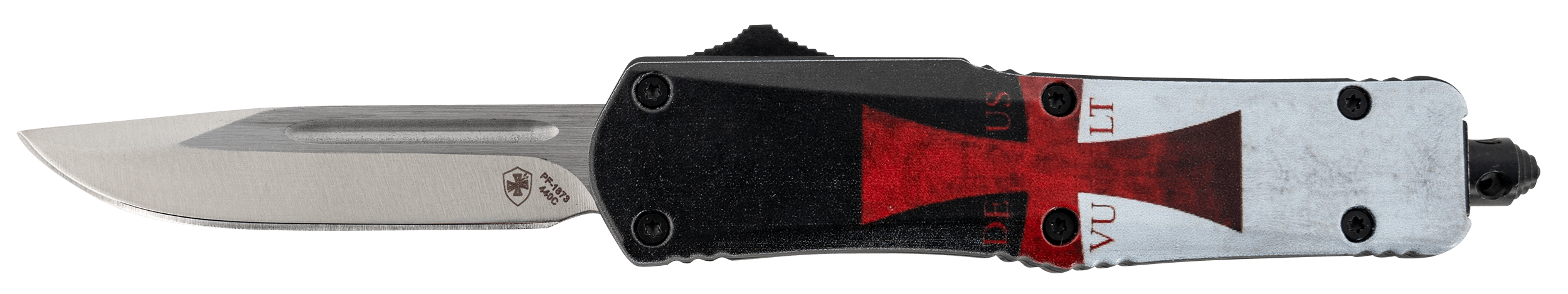 Templar Knife STK332 Templar Flag Gen II Small 2.69" OTF Drop Point Plain Powder Coated 440C SS Blade/4.31" Templar Flag Aluminum Handle Features Glass Breaker Includes Pocket Clip/Sheath