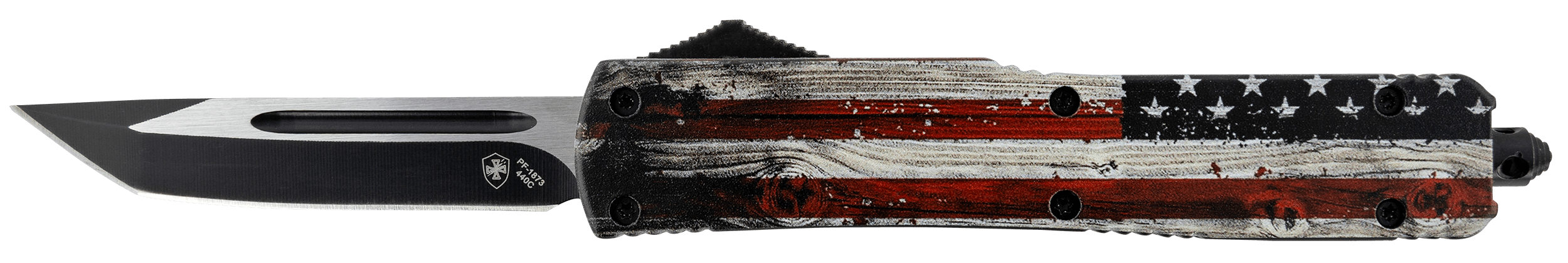Templar Knife MWUS231 Wood US Flag Gen II Slim 3.43" OTF Tanto Plain Black Oxide Stonewashed 440C SS Blade/5.05" Painted Wood Grain US Flag Aluminum Handle Features Glass Breaker Includes Pocket Clip/Sheath