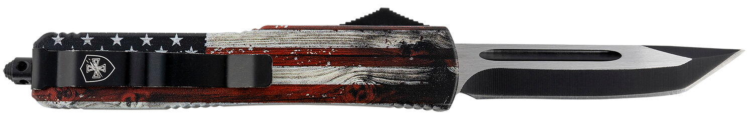Templar Knife MWUS231 Wood US Flag Gen II Slim 3.43" OTF Tanto Plain Black Oxide Stonewashed 440C SS Blade/5.05" Painted Wood Grain US Flag Aluminum Handle Features Glass Breaker Includes Pocket Clip/Sheath - Image 2