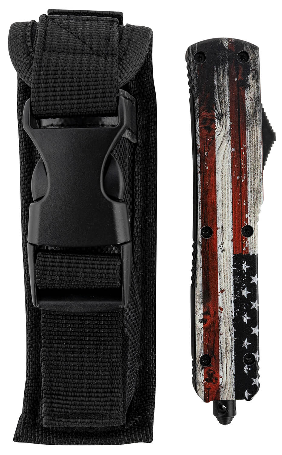 Templar Knife MWUS231 Wood US Flag Gen II Slim 3.43" OTF Tanto Plain Black Oxide Stonewashed 440C SS Blade/5.05" Painted Wood Grain US Flag Aluminum Handle Features Glass Breaker Includes Pocket Clip/Sheath - Image 3