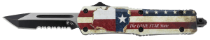 Templar Knife STX531 Texan Gen II Small 2.25" OTF Tanto Part Serrated Black Oxide Stonewashed 440C SS Blade/ 4.31" Texas Flag Aluminum Handle Features Glass Breaker Includes Pocket Clip/Sheath