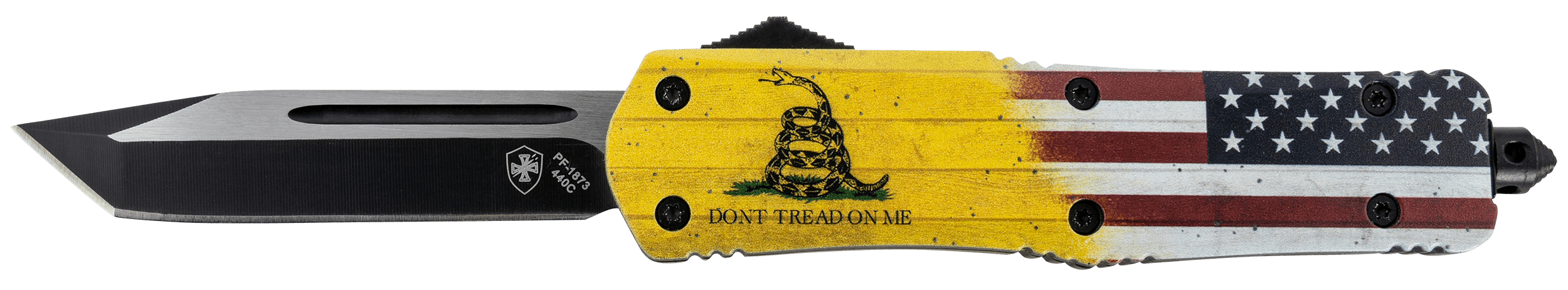 Templar Knife LDTOM231 Don't Tread on Me Gen II Large 3.50" OTF Tanto Plain Black Oxide Stonewashed 440C SS Blade/5.25" Yellow w/Flag & "Don't Tread On Me" Aluminum Handle Features Glass Breaker Includes Pocket Clip/Sheath