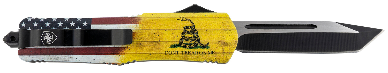 Templar Knife LDTOM231 Don't Tread on Me Gen II Large 3.50" OTF Tanto Plain Black Oxide Stonewashed 440C SS Blade/5.25" Yellow w/Flag & "Don't Tread On Me" Aluminum Handle Features Glass Breaker Includes Pocket Clip/Sheath - Image 2