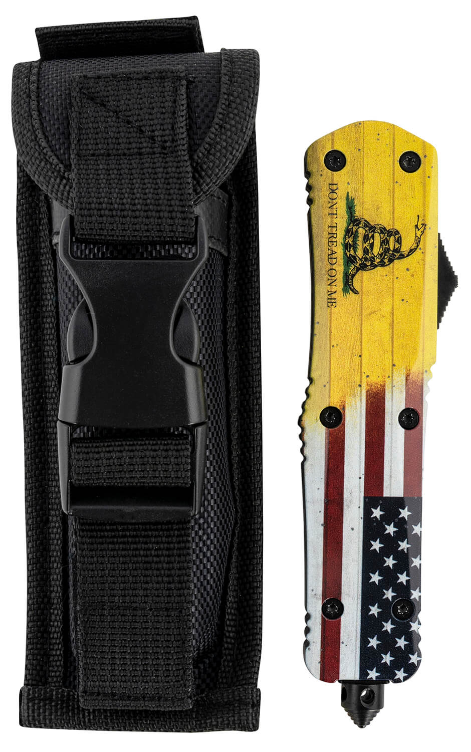 Templar Knife LDTOM231 Don't Tread on Me Gen II Large 3.50" OTF Tanto Plain Black Oxide Stonewashed 440C SS Blade/5.25" Yellow w/Flag & "Don't Tread On Me" Aluminum Handle Features Glass Breaker Includes Pocket Clip/Sheath - Image 3