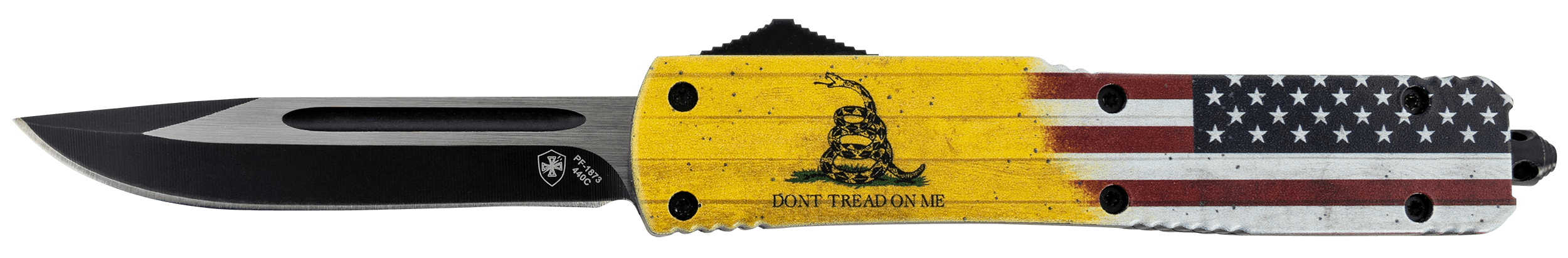 Templar Knife MDTOM331 Don't Tread on Me Gen II Slim 3.50" OTF Drop Point Plain Black Oxide Stonewashed 440C SS Blade/ 5.05" Yellow w/Flag & "Don't Tread On Me" Aluminum Handle Features Glass Breaker Includes Pocket Clip/Sheath
