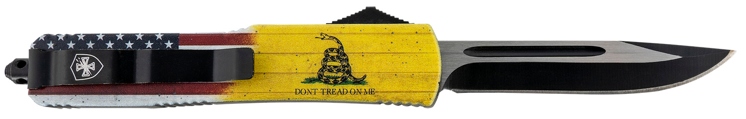Templar Knife MDTOM331 Don't Tread on Me Gen II Slim 3.50" OTF Drop Point Plain Black Oxide Stonewashed 440C SS Blade/ 5.05" Yellow w/Flag & "Don't Tread On Me" Aluminum Handle Features Glass Breaker Includes Pocket Clip/Sheath - Image 2