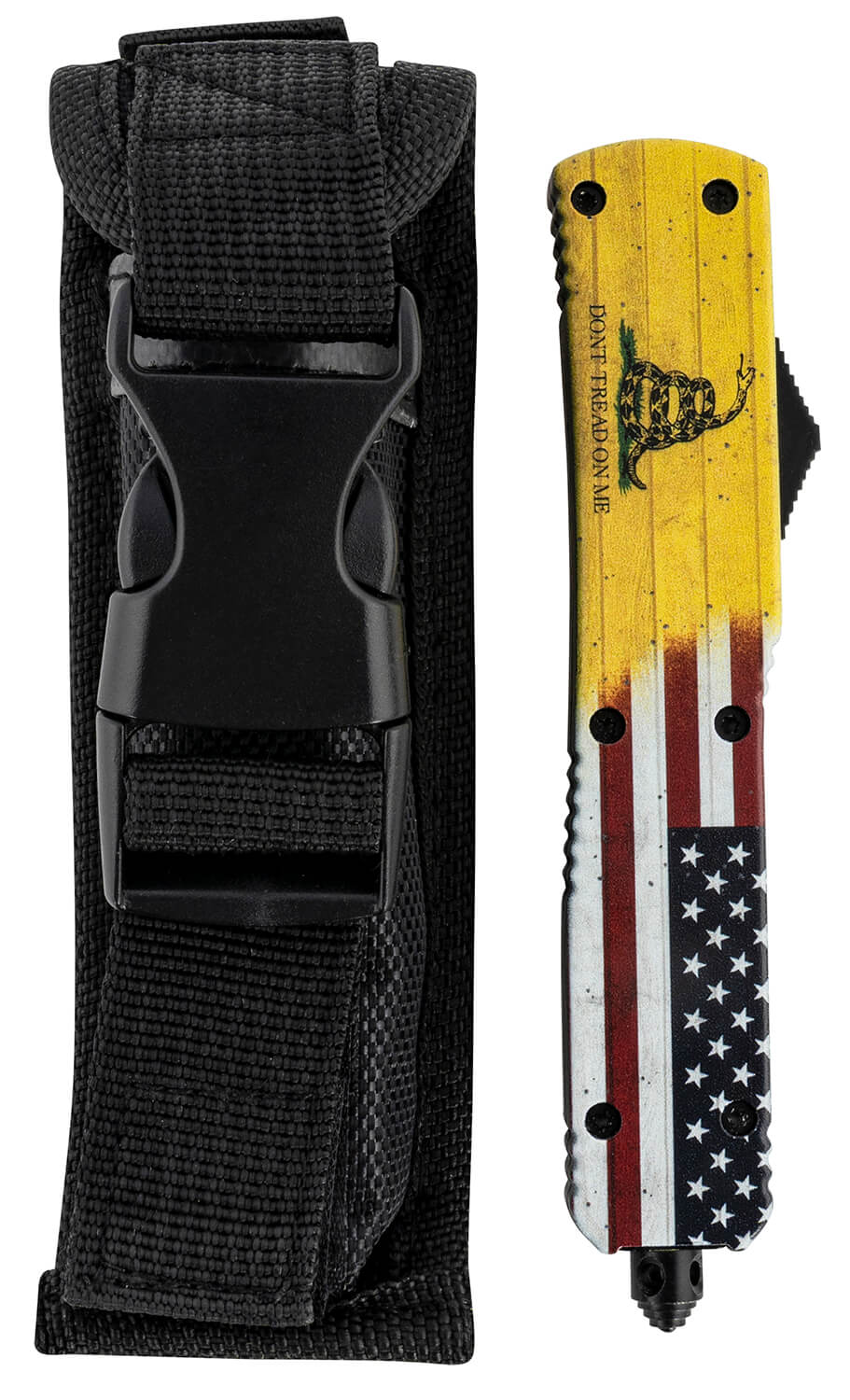 Templar Knife MDTOM331 Don't Tread on Me Gen II Slim 3.50" OTF Drop Point Plain Black Oxide Stonewashed 440C SS Blade/ 5.05" Yellow w/Flag & "Don't Tread On Me" Aluminum Handle Features Glass Breaker Includes Pocket Clip/Sheath - Image 3