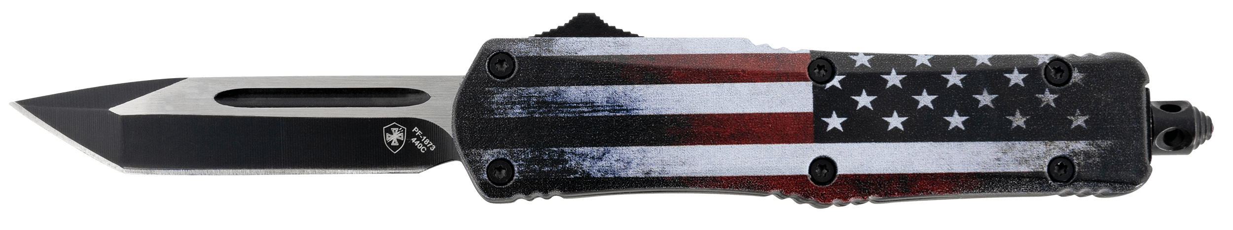Templar Knife SUS231 US Flag Gen II Small 2.69" OTF Tanto Plain Black Oxide Stonewashed 440C SS Blade/4.31" US Flag Aluminum Handle Features Glass Breaker Includes Pocket Clip/Sheath