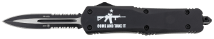 Templar Knife LAR15431 Come And Take It AR-15 Gen II Large 3.50" OTF Dagger Part Serrated Black Oxide Stonewashed 440C SS Blade  5.25" Black w/"Come And Take It" AR-15 Gun  Aluminum Handle Includes Glass Breaker/Pocket Clip
