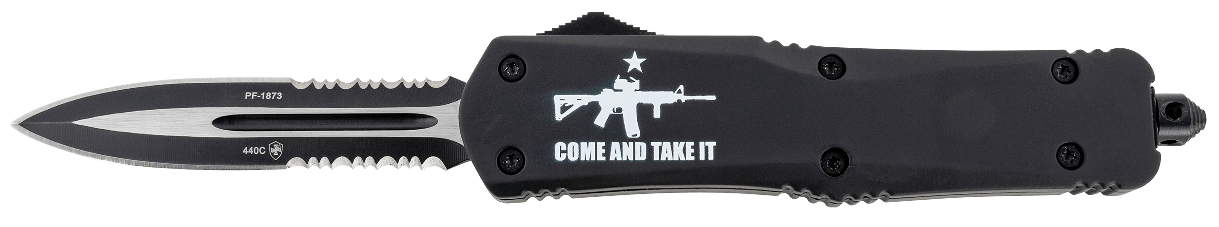 Templar Knife LAR15431 Come And Take It AR-15 Gen II Large 3.50" OTF Dagger Part Serrated Black Oxide Stonewashed 440C SS Blade 5.25" Black w/"Come And Take It" AR-15 Gun Aluminum Handle Includes Glass Breaker/Pocket Clip
