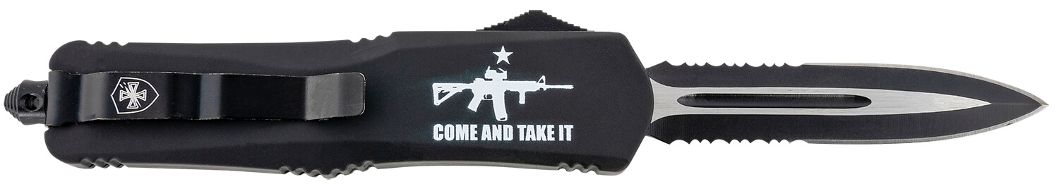 Templar Knife LAR15431 Come And Take It AR-15 Gen II Large 3.50" OTF Dagger Part Serrated Black Oxide Stonewashed 440C SS Blade 5.25" Black w/"Come And Take It" AR-15 Gun Aluminum Handle Includes Glass Breaker/Pocket Clip - Image 2