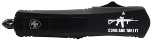 Templar Knife SAR15531 Come And Take It AR-15 Gen II Small 2.69" OTF Tanto Part Serrated Black 440C SS Blade  4.31" Black w/"Come And Take It" AR-15 Gun Aluminum Handle  Includes Pocket Clip/Sheath