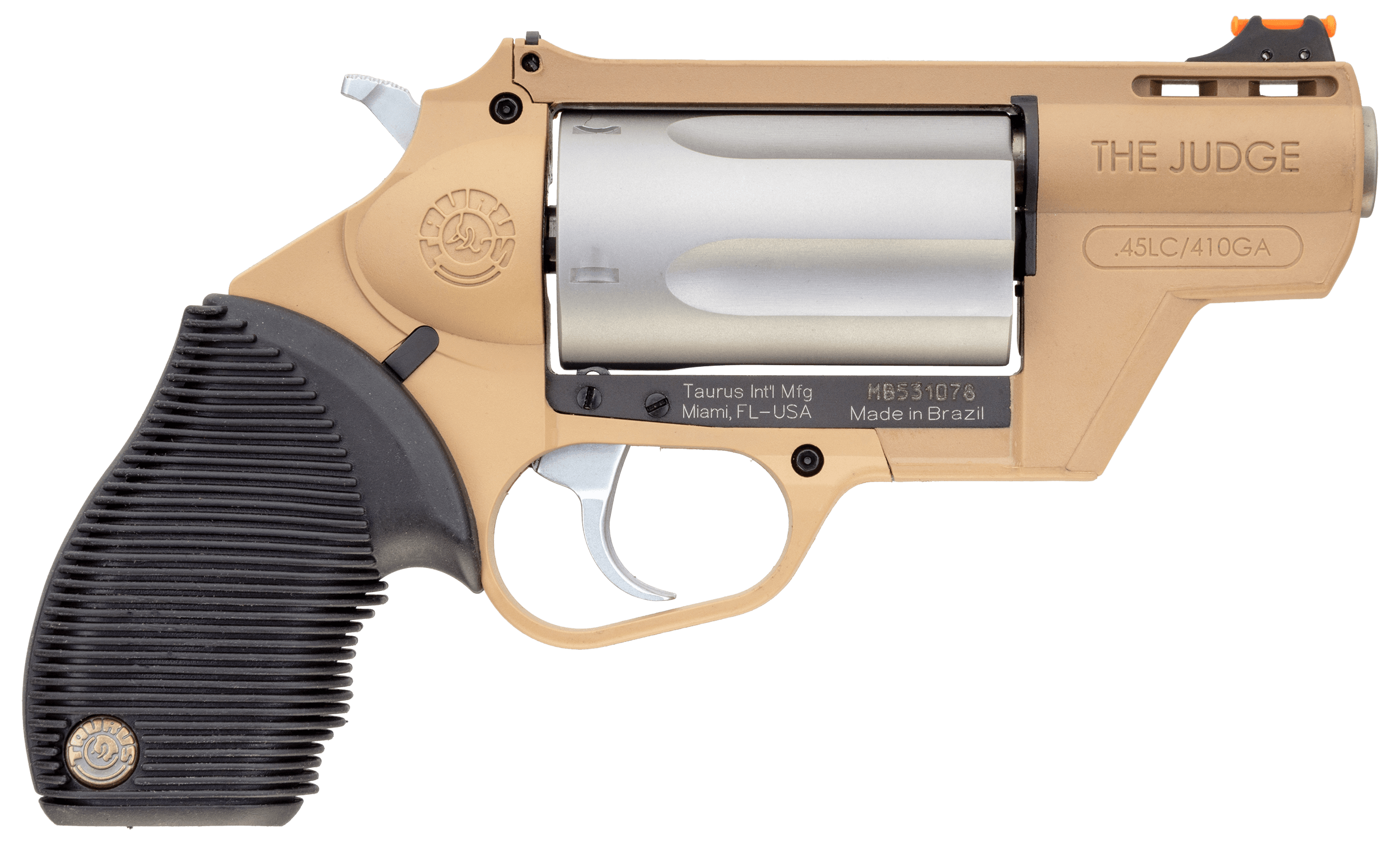 Taurus 2441029FDE Judge Public Defender Small Frame 45 Colt (Long Colt)/410 Gauge 5rd 2.50" Flat Dark Earth Steel Barrel Matte Stainless Cylinder Flat Dark Earth Steel Frame Black Ribber Grip Transfer Bar Safety Exposed Hammer