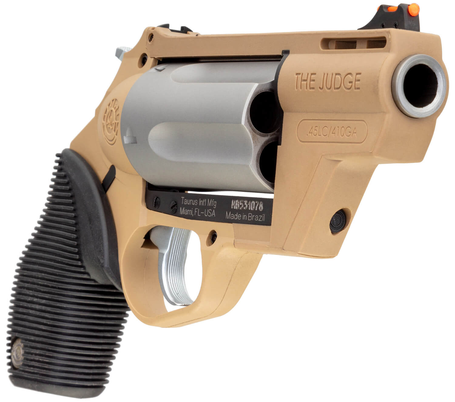 Taurus 2441029FDE Judge Public Defender Small Frame 45 Colt (Long Colt)/410 Gauge 5rd 2.50" Flat Dark Earth Steel Barrel Matte Stainless Cylinder Flat Dark Earth Steel Frame Black Ribber Grip Transfer Bar Safety Exposed Hammer - Image 3