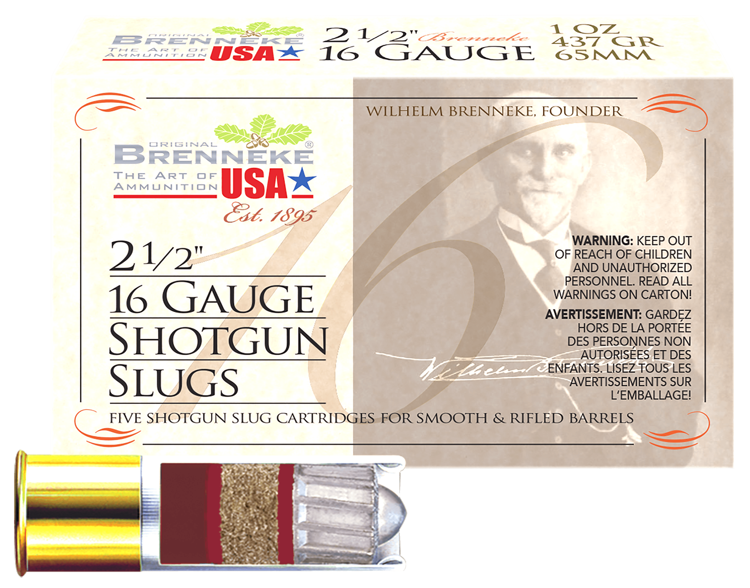 Brenneke SL162BR Brenneke 16 16Gauge 2.50" 1oz Slug Shot 5 Per Box