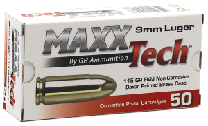 MaxxTech PTGB9MMB Brass Pistol  9mm Luger 115 gr Full Metal Jacket 50rd Box